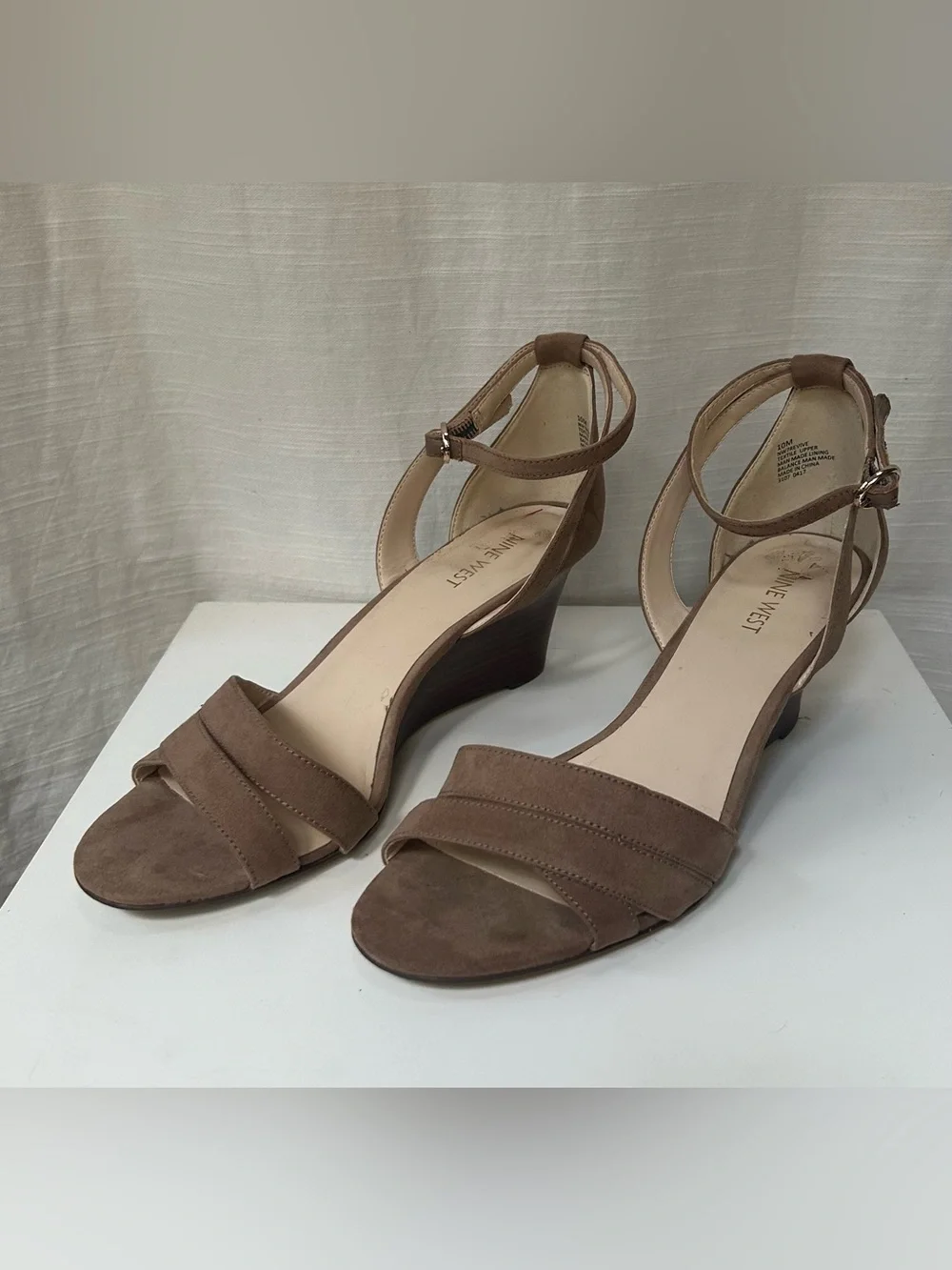 Nine West Neutral Taupe Brown Suede Ankle-Strap Wedges Sandals